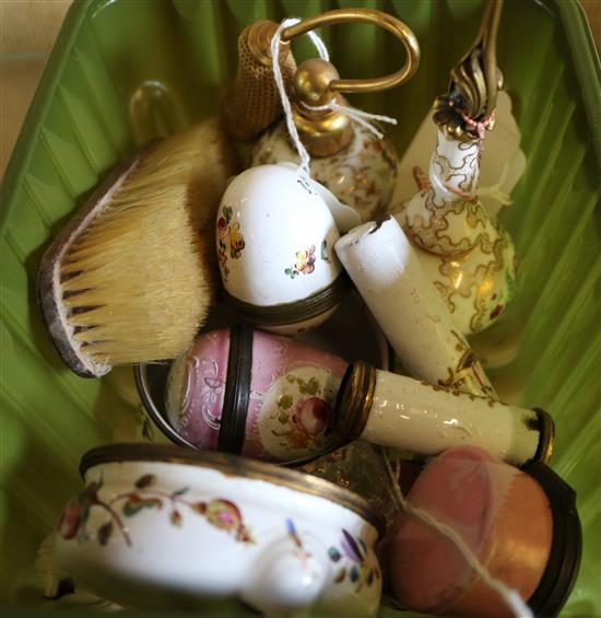 Limoges porcelain atomiser, rose sprinkler perfume bottle, various enamelled boxes etc (damaged) & sundries